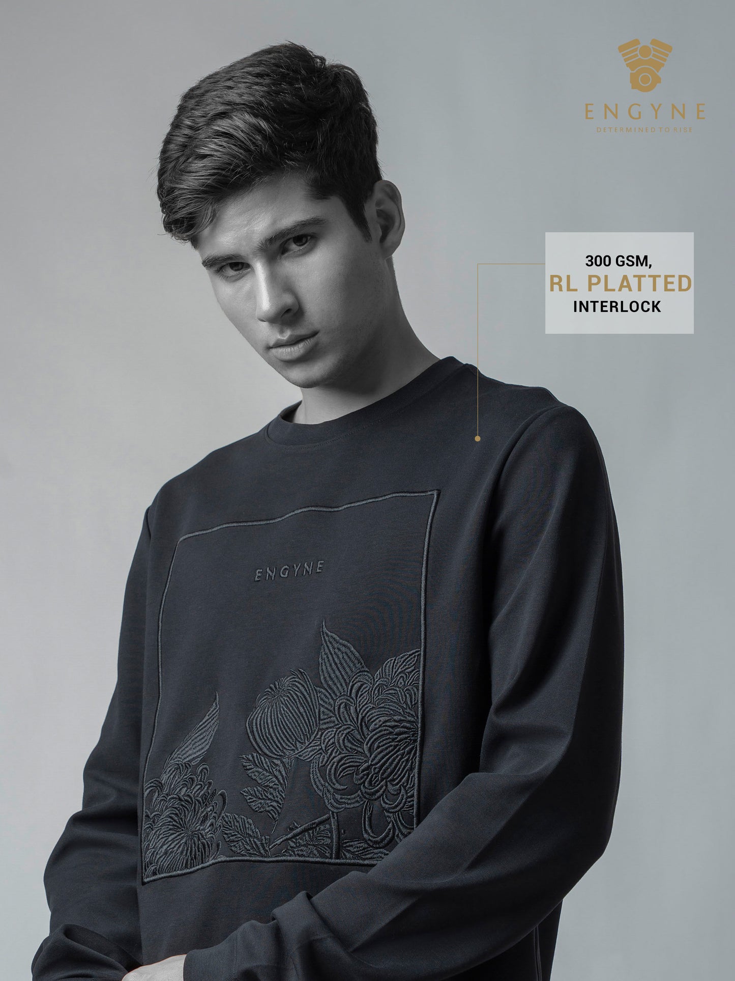 Crew Neck Black Sweatshirt with Floral Chest Embroidery for Men