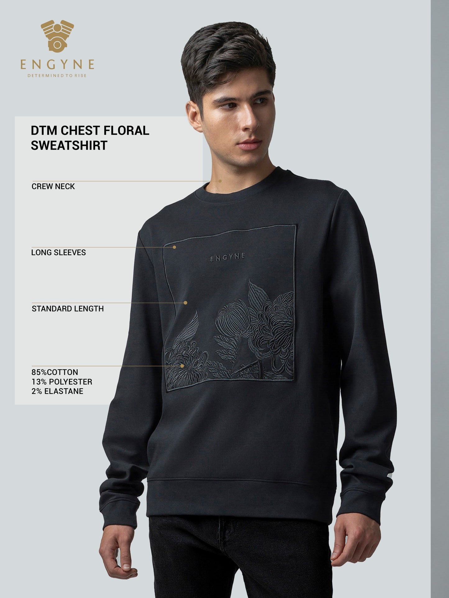 Crew Neck Black Sweatshirt with Floral Chest Embroidery for Men