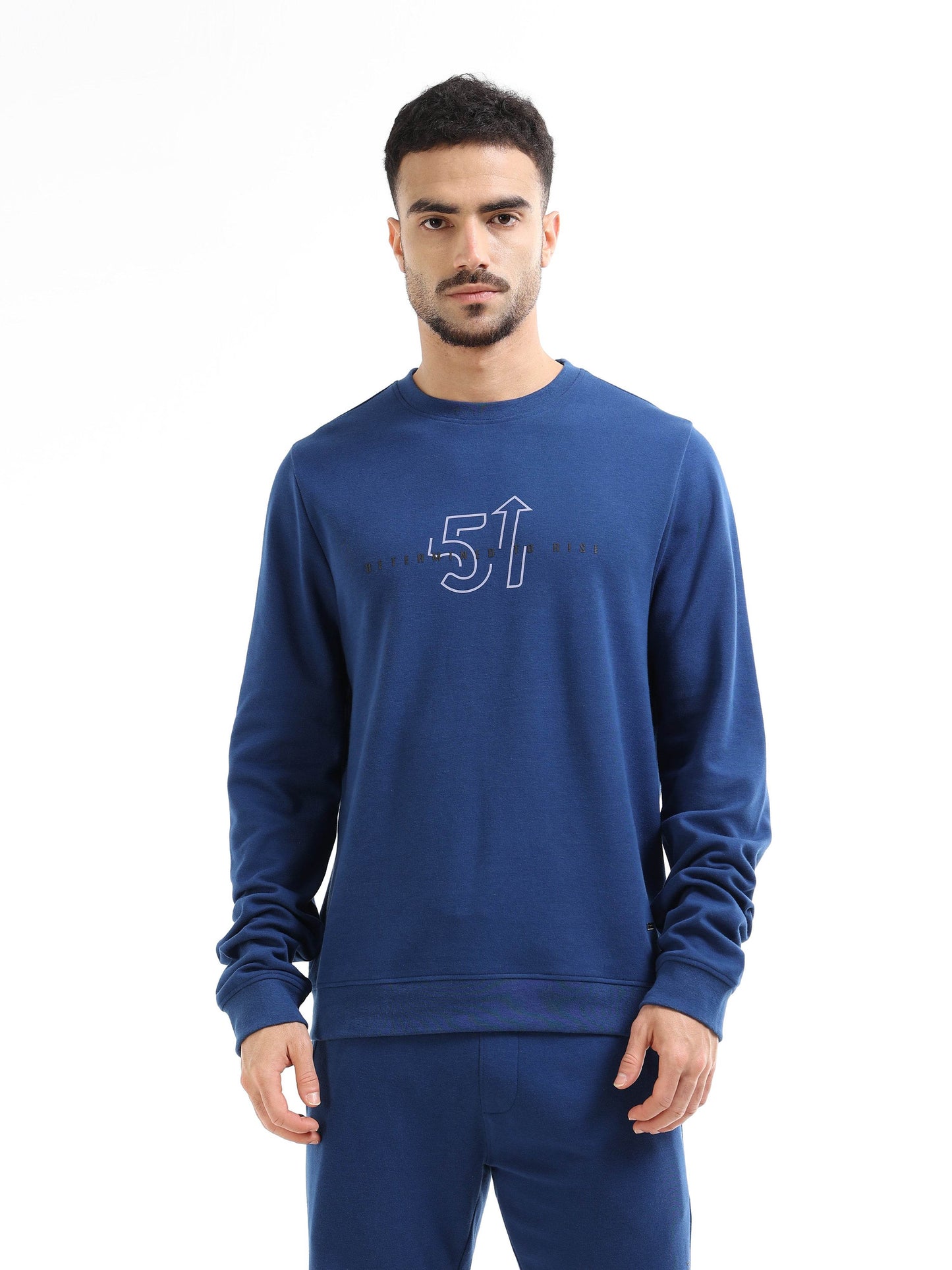 Regular Fit Sweatshirt inRougen Platted Interlock with The Power of 5 Senses HD and Non-PVC Placement Print - Dark Blue