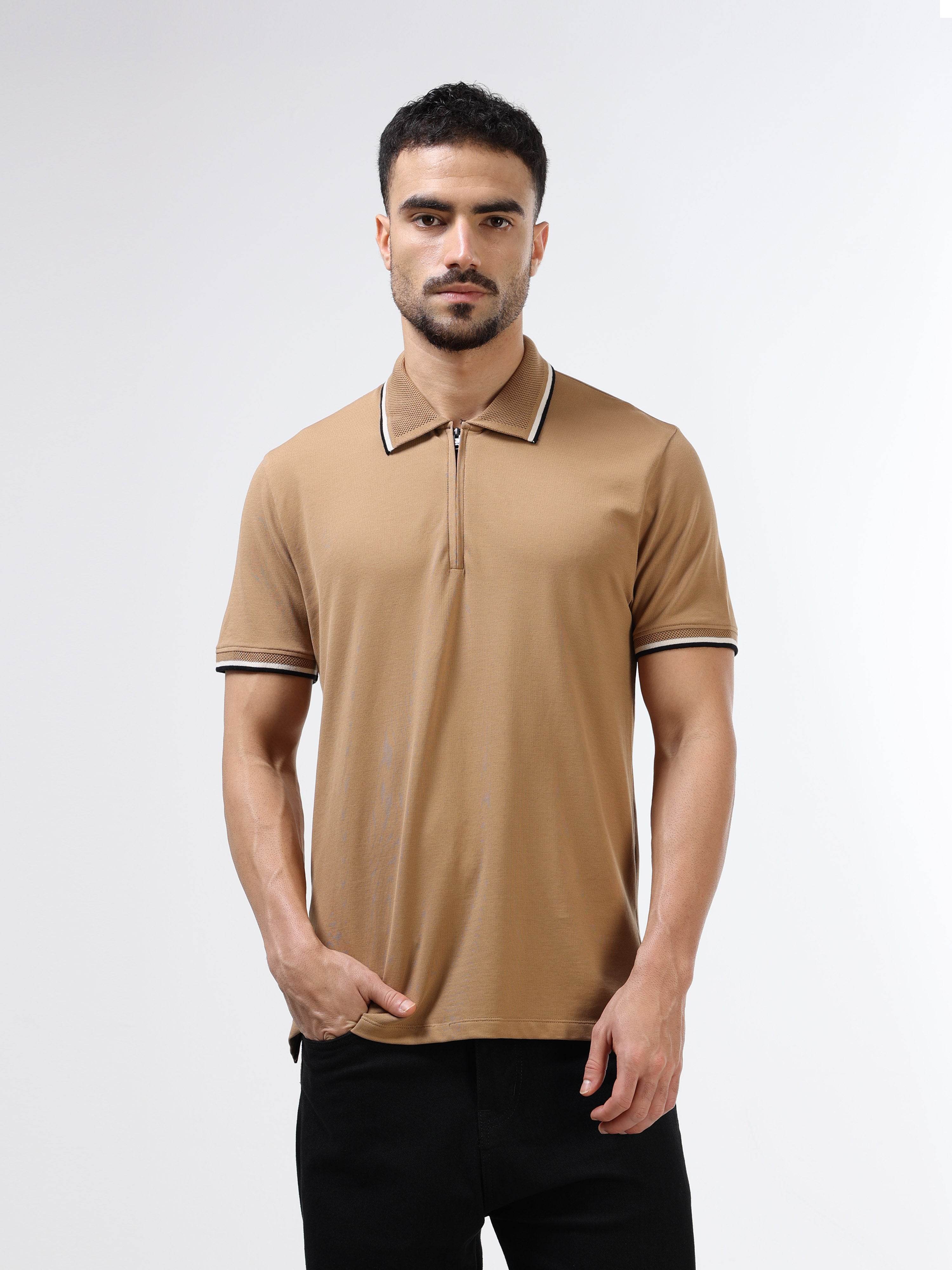 Supima Cotton Lycra Piqué with Flat-Knit Collar and cuff, Zipper Placket with Tonal HD Branding Khaki Polo - ENGYNE