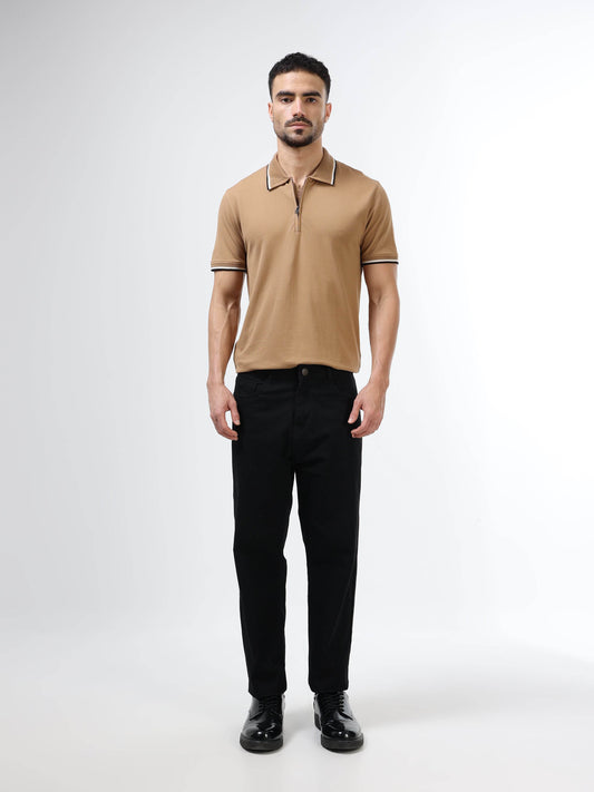 Supima Cotton Lycra Piqué with Flat-Knit Collar and cuff, Zipper Placket with Tonal HD Branding Khaki Polo - ENGYNE