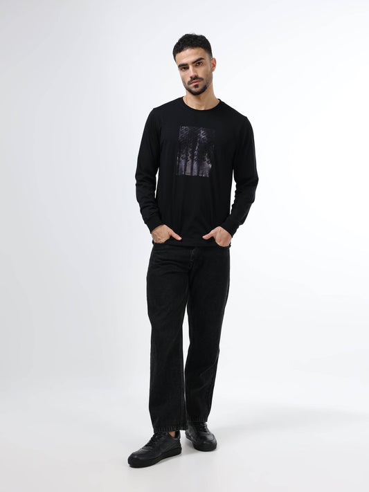 Regular-fit Full-Sleeve T-shirt in Supima Cotton Lycra with DTM Foil Print Detailing - Black - ENGYNE