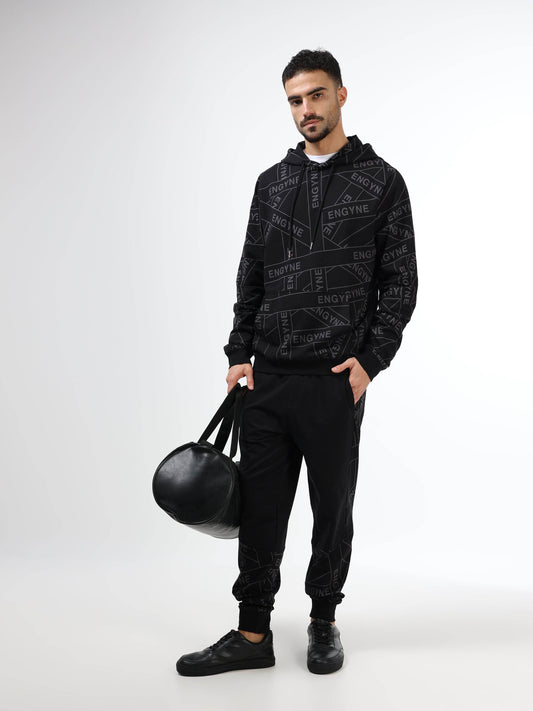 Regular Fit Hoodie in Cotton Poly Lycra Rougen Loop Knit with All Over ENGYNE Rotary Discharge Print - Black - ENGYNE