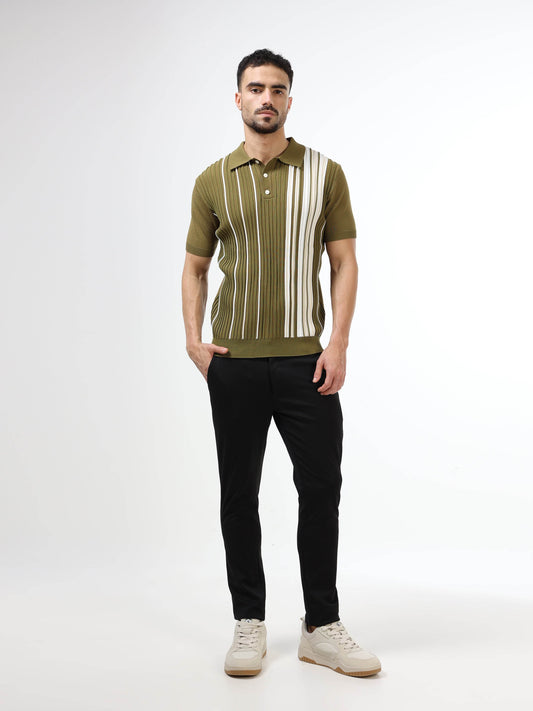Vertical Stripe Flat-Knit Polo - Olive - ENGYNE