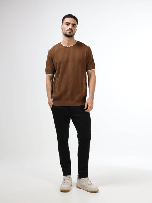 Tipped Edge Flat-Knit Tee - Brown - ENGYNE