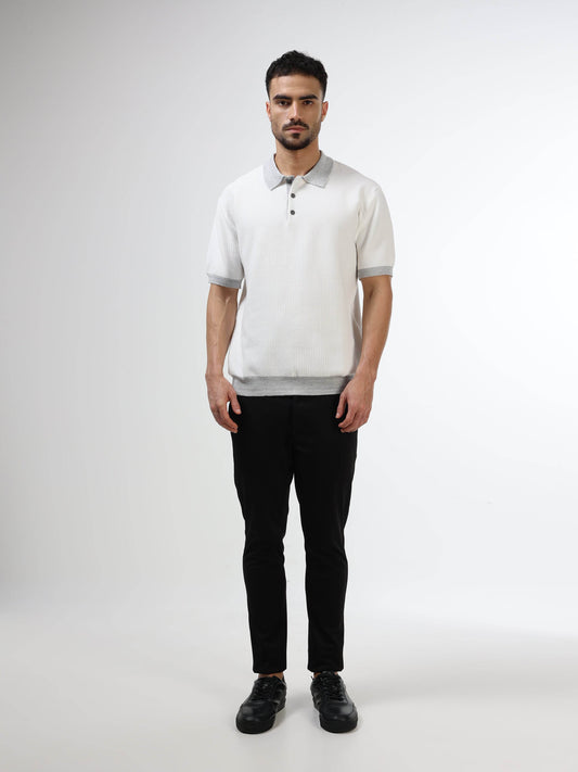 Melange Trim Flat- Knit Polo - White - ENGYNE