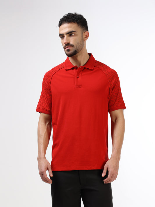 Men's red polo t-shirt with printed raglan sleeves