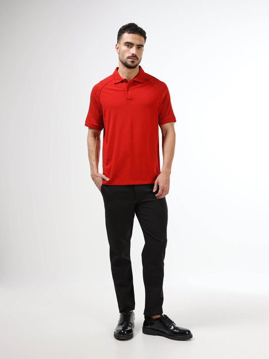 Regular Fit Polo with Printed Raglan Sleeves in Supima Cotton Lycra Interlock and Piqué Body Featuring DTM Corded Piping -Red - ENGYNE