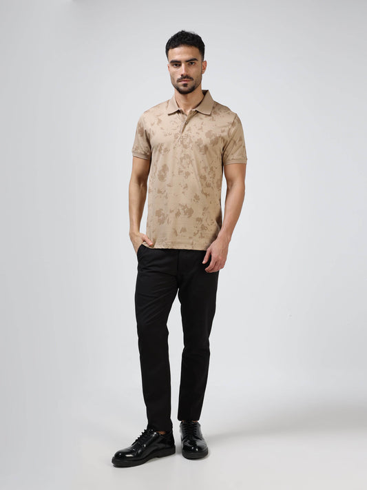 Regular Fit Supima Cotton LuxeKnit Polo with All Over Floral Rotary Pigment Print and Slim Flat Knit Collar and Cuff -Tan - ENGYNE