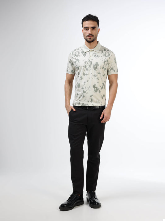 Regular Fit Supima Cotton LuxeKnit Polo with All Over Floral Rotary Pigment Print and Slim Flat Knit Collar and Cuff - Light Green - ENGYNE