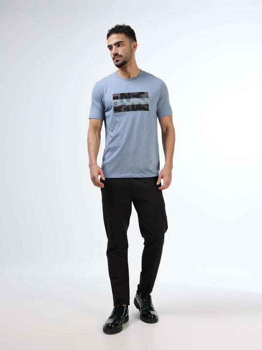 Regular Fit T-shirt in Supima Cotton Lycra with Non-PVC Print and Chest Embroidery Featuring Branded Artwork Play - Dusty Blue - ENGYNE