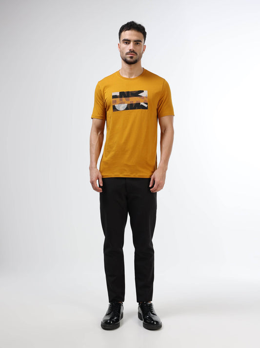 Regular Fit T-shirt in Supima Cotton Lycra with Non-PVC Print and Chest Embroidery Featuring Branded Artwork Play - Mustard - ENGYNE