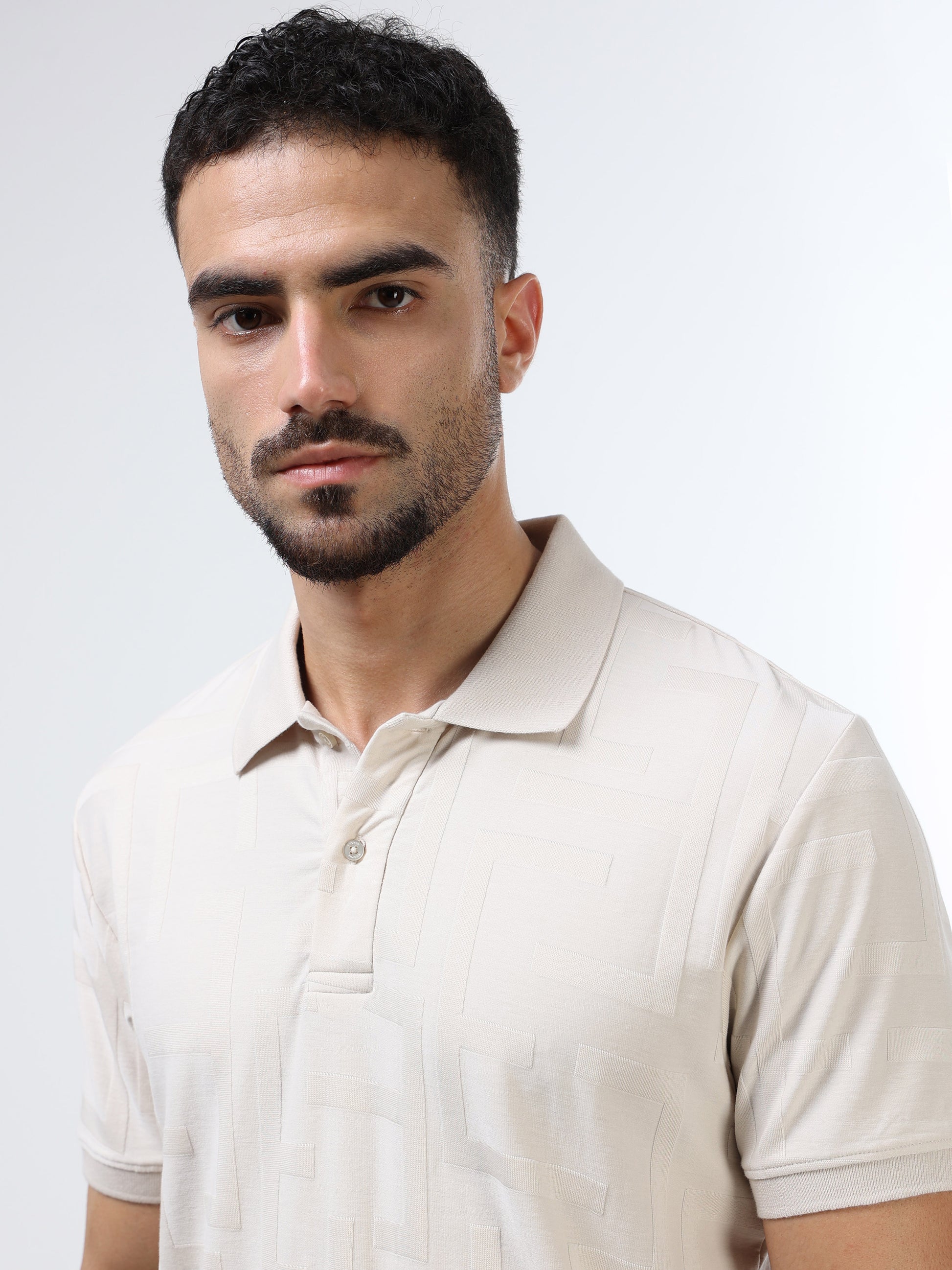 Men's beige jacquard polo t-shirt