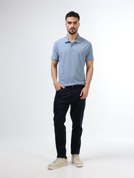 Regular Fit Engyne Monogram Rougen cotton jacquard polo with elevated texture and refined geometric pattern, blending modern detailing with timeless craftsmanship - Dusty Blue - ENGYNE