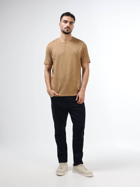 Regular Fit T-shirt in Supima Cotton Lycra Interlock with Geometric Pigment Panel Print - Khaki - ENGYNE