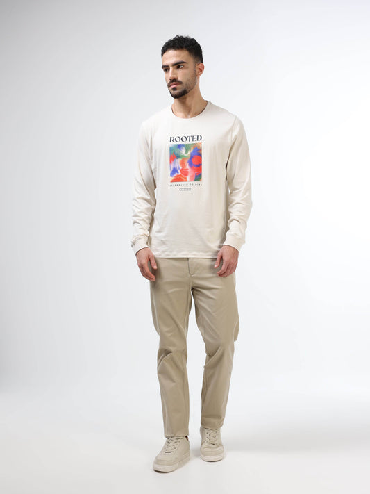 Regular-fit Full-Sleeve T-shirt in Supima Cotton Lycra with Digital Flock and DTF Print Detailing - Beige - ENGYNE