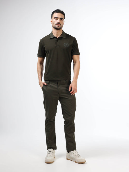 Regular Fit Polo in Supima Cotton Lycra Piqué with Tonal Flat Knit Collar and Cuff, DTM Body Tipping, and HD Chest Sticker Branding - Olive - ENGYNE
