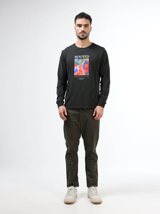 Regular-fit Full-Sleeve T-shirt in Supima Cotton Lycra with Digital Flock and DTF Print Detailing - Dark Olive - ENGYNE