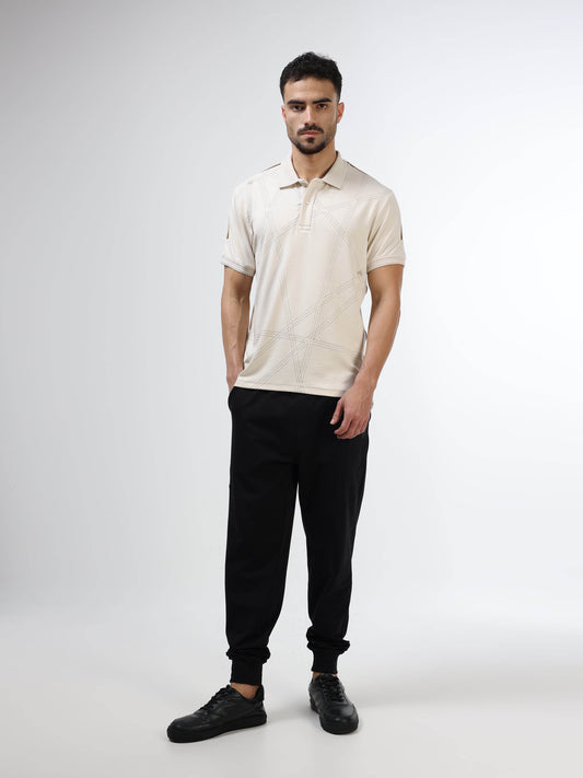 Supima Cotton Lycra Interlock with Pigment Printed Panels, Cut and Sew Detailing, and Speedbreaker Collar and Cuff Beige Polo - ENGYNE