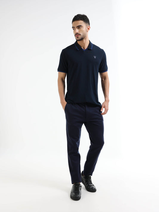 Supima Cotton Lycra Piqué with Flat-Knit Tipped Collar, V-Placket, and 3D Chest Branding Navy Polo - ENGYNE