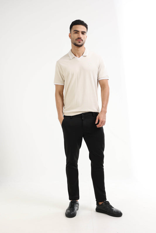 Supima Cotton Lycra Piqué with Flat-Knit Tipped Collar, V-Placket, and 3D Chest Branding Beige Polo - ENGYNE