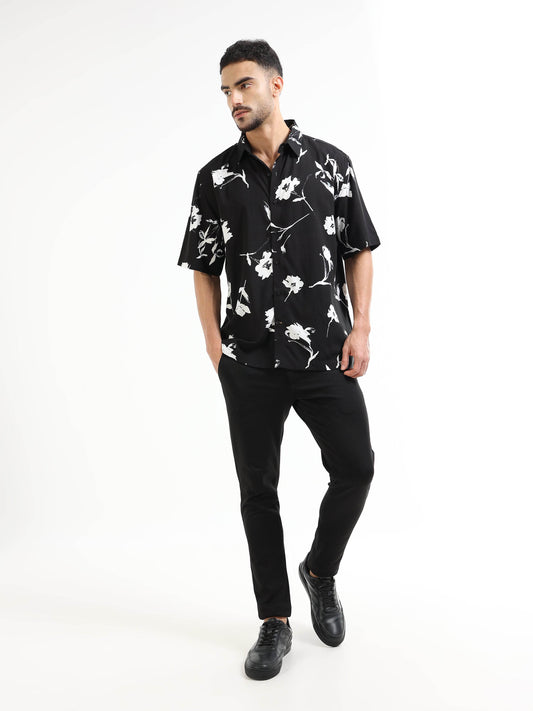 Lunar Bloom Floral Short Sleeve Shirt - Black - ENGYNE