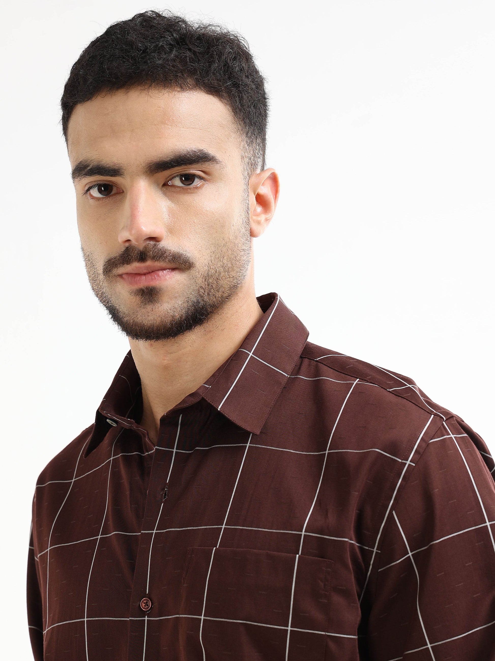 Gridline Check Full Sleeve Shirt - Dk. Brown - ENGYNE