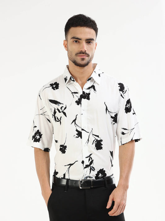 Shadow Bloom Floral Short Sleeve Shirt - White - ENGYNE