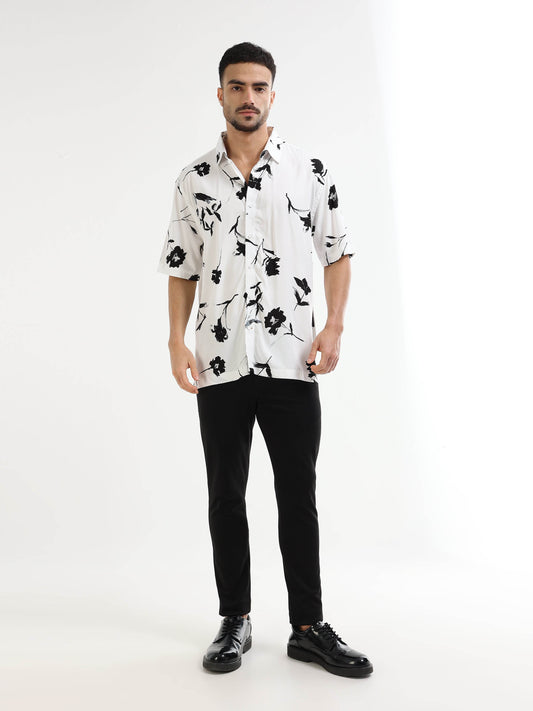 Shadow Bloom Floral Short Sleeve Shirt - White - ENGYNE