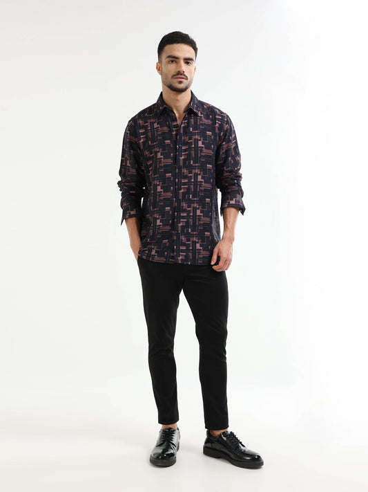 Metro Grid Geometric Full Sleeve Shirt - Black - ENGYNE