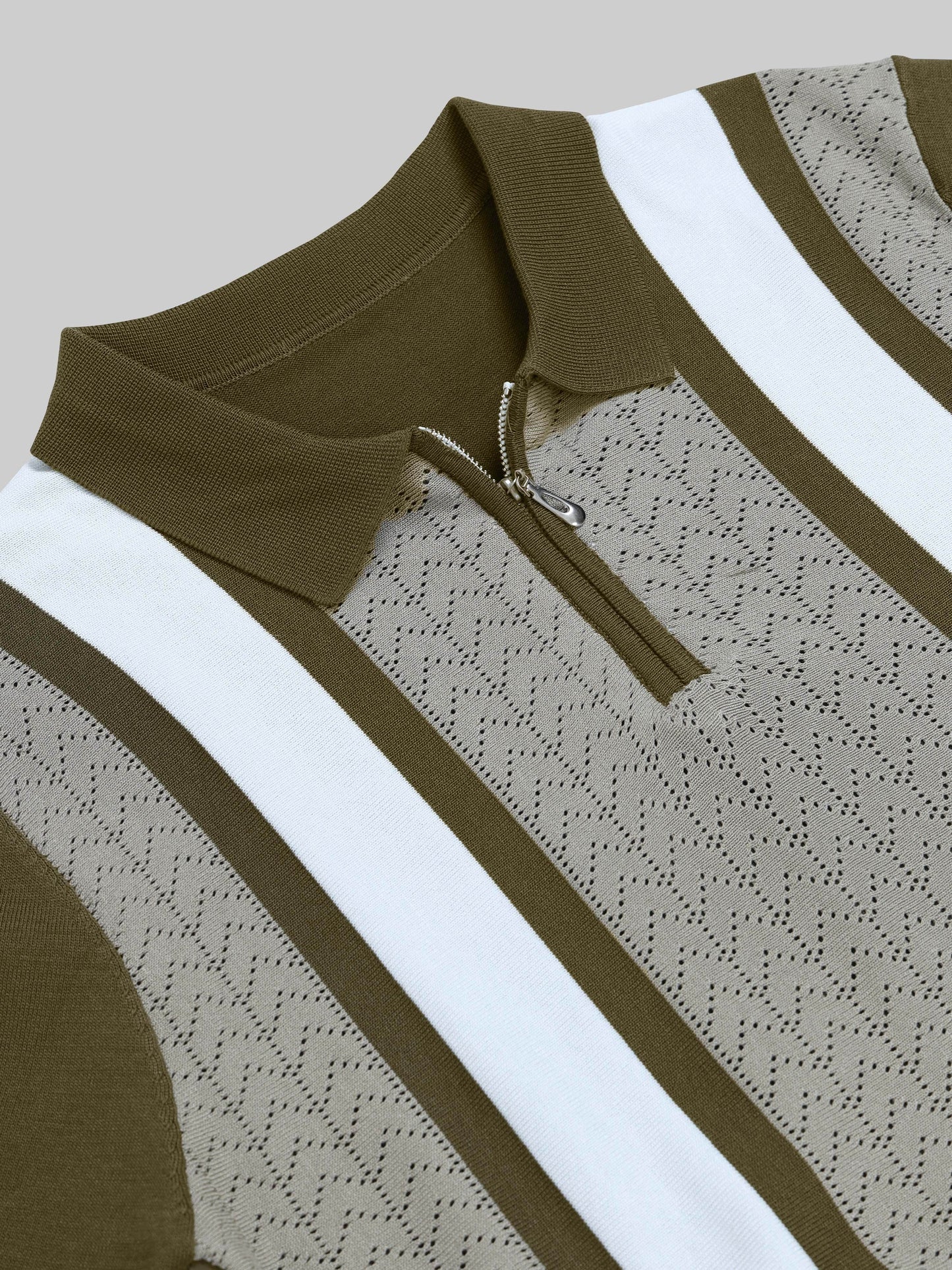 Chevron Stripe Flat-Knit Zip Polo - Olive - ENGYNE