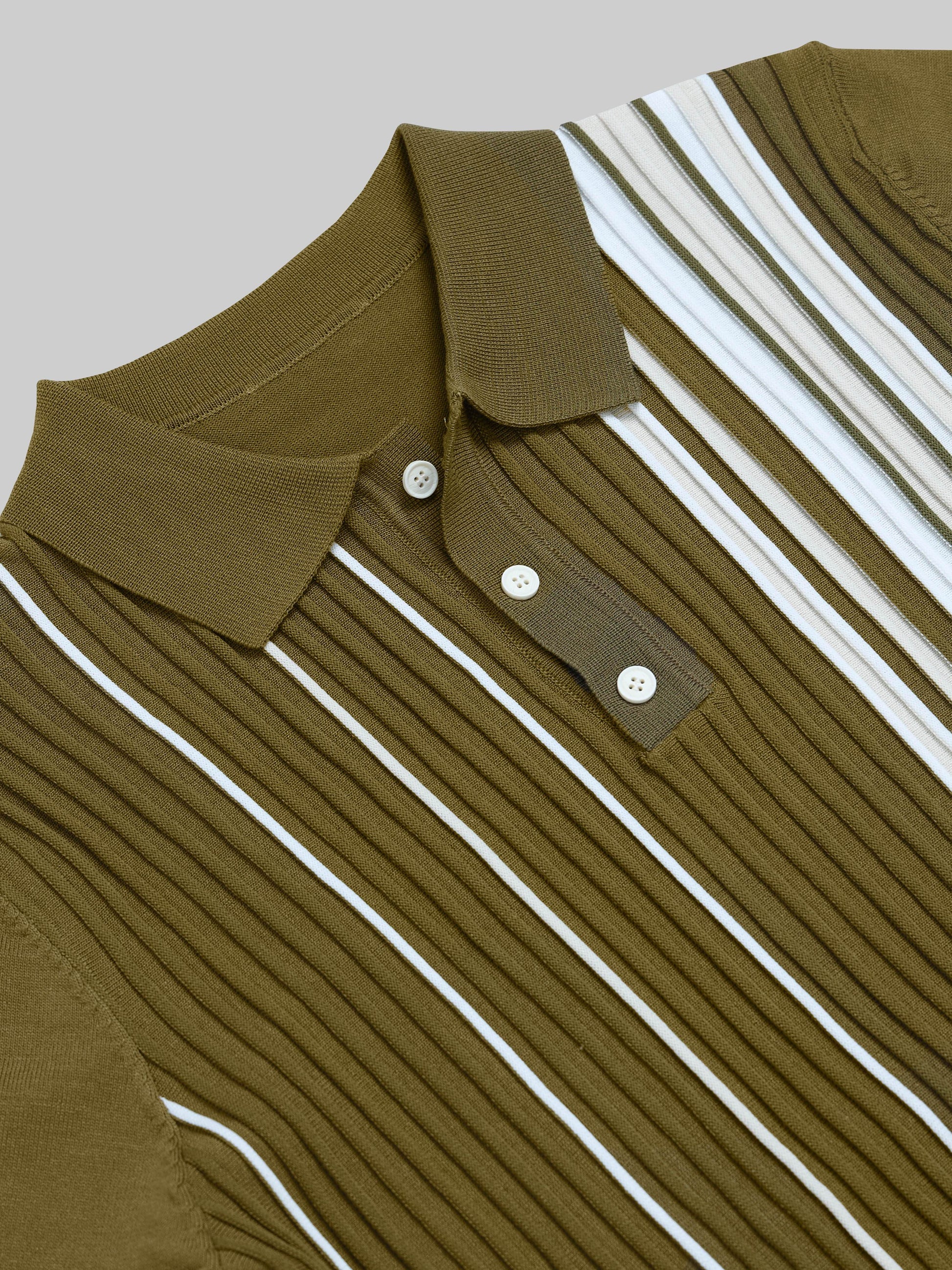 Vertical Stripe Flat-Knit Polo - Olive - ENGYNE