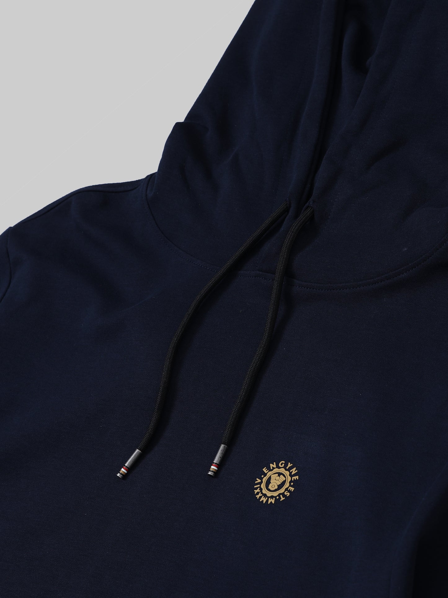 Engyne Essential Hooded Sweatshirt with Contrast HD Print in Rougen Cotton Poly Elastane Interlock Navy