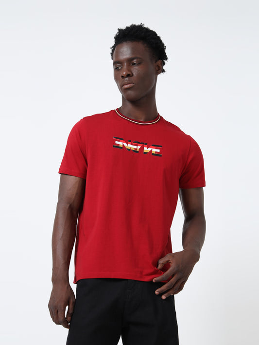 Non-PVC Engyne Stripe Sticker Print Dark Red T-Shirt