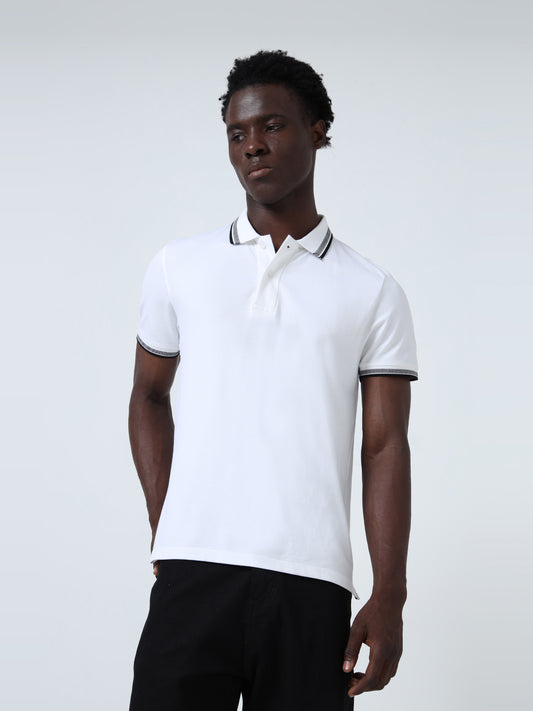 Contrast-Tipped Collar Textured White Polo T-Shirt