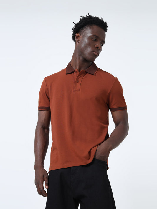 Contrast-Tipped Collar Textured Brown Polo Shirt for Men
