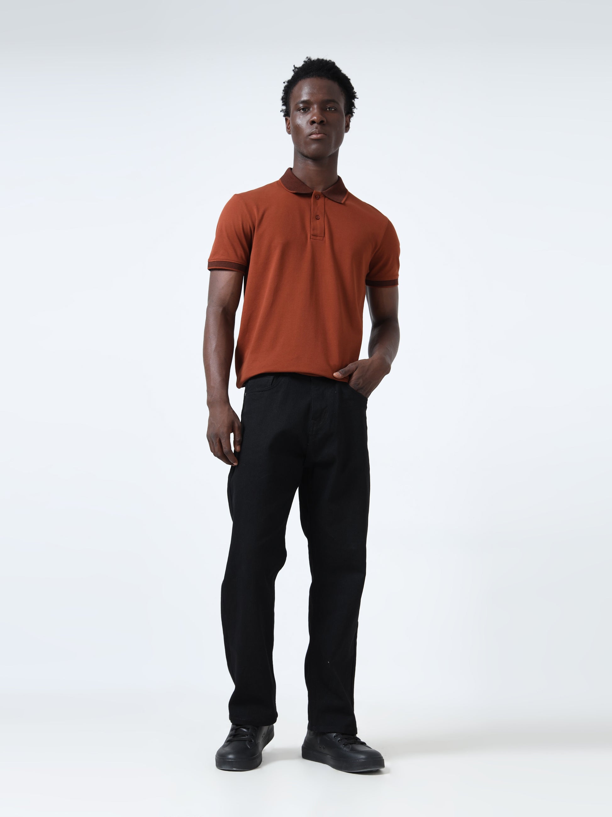 Contrast-Tipped Collar Textured Brown Polo Shirt for Men
