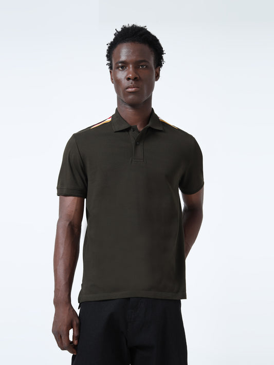 Four-Color Flag Rib Shoulder Men's Olive Green Polo Shirt
