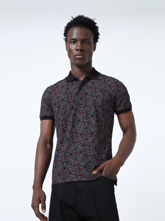 Black Rotary All-Over Printed Polo Shirts with DTM Collar
