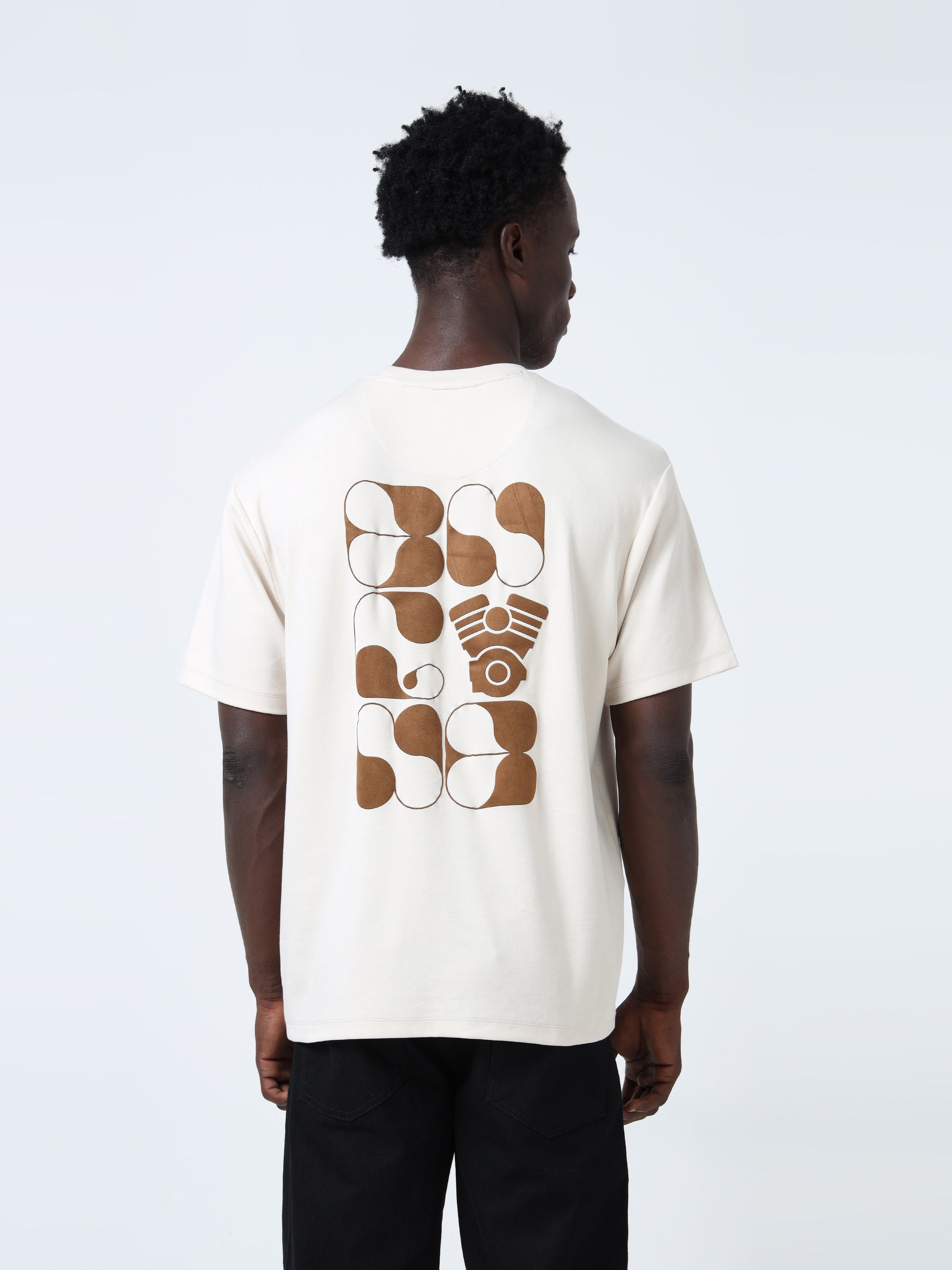 Suede-Finish Printed Beige Oversize T-Shirt for Men