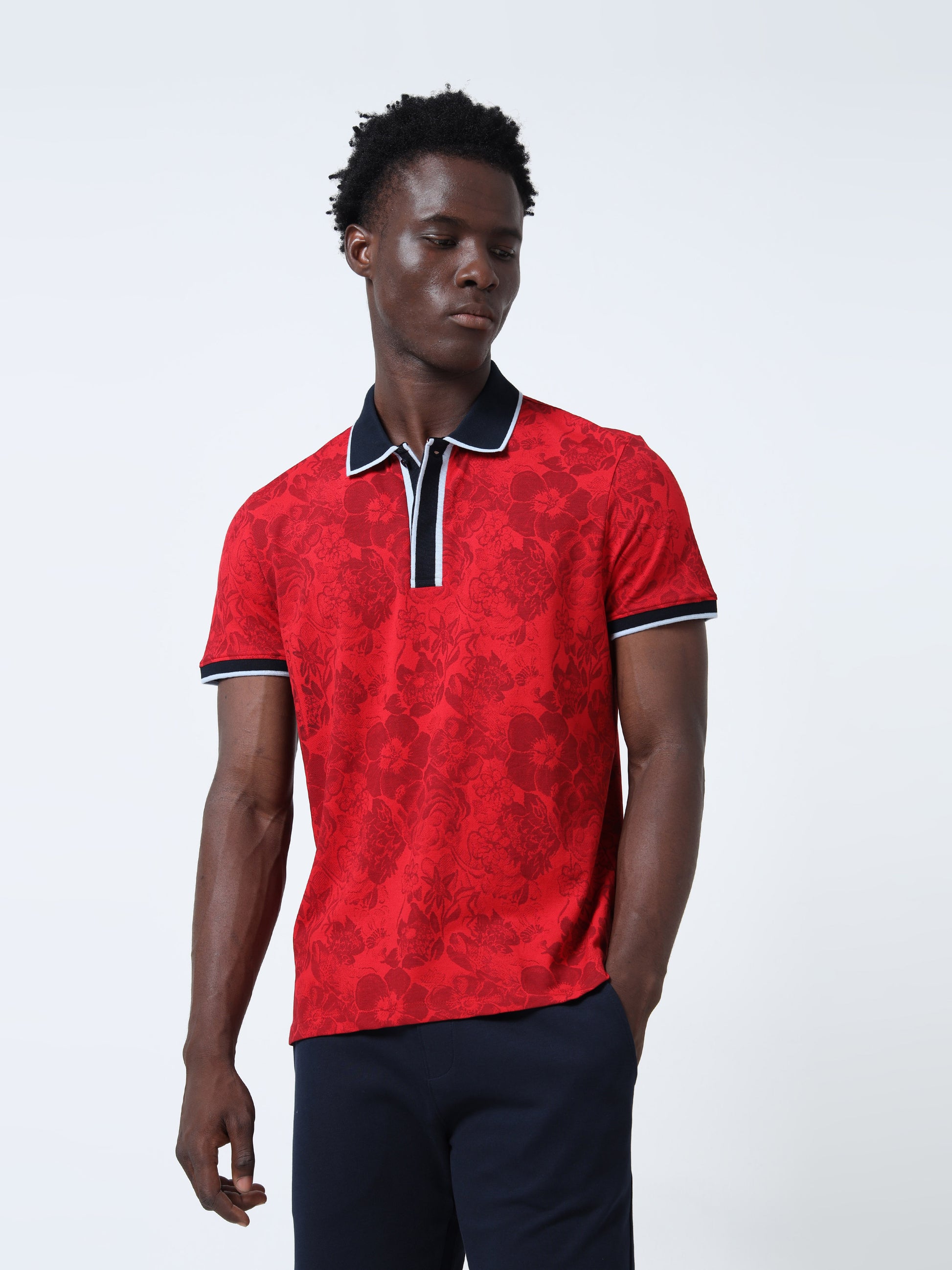 Rotary Print Red Polo Shirt for Men with Contrast-Tipping
