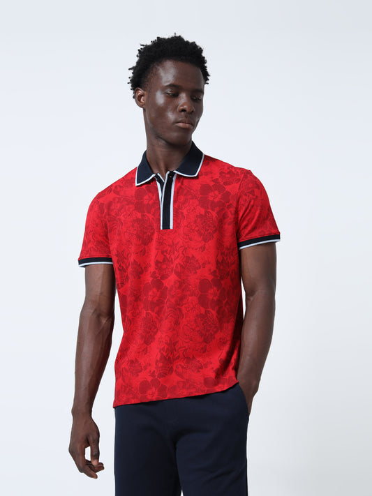 Rotary Print Red Polo Shirt for Men with Contrast-Tipping
