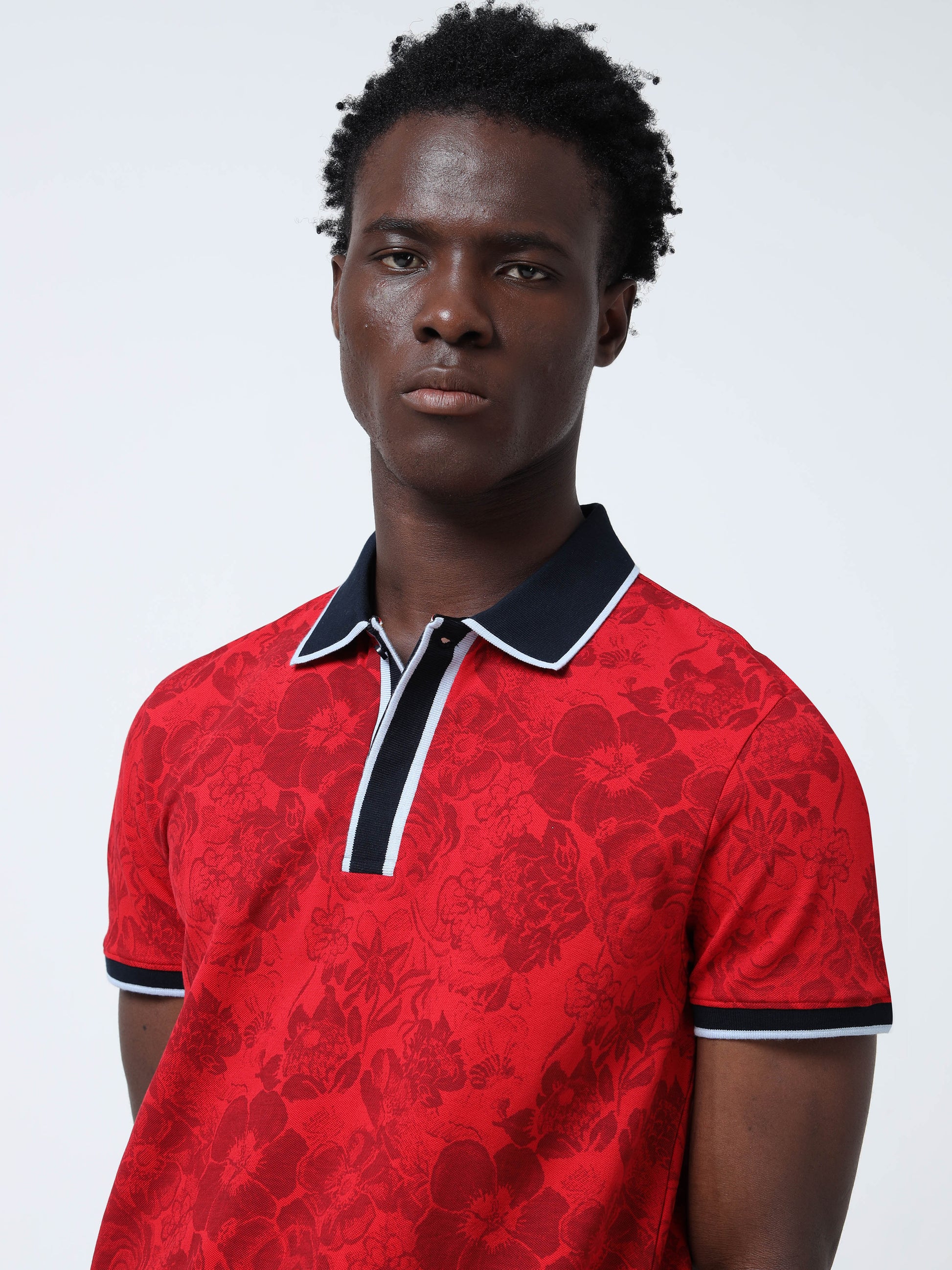 Rotary Print Red Polo Shirt for Men with Contrast-Tipping
