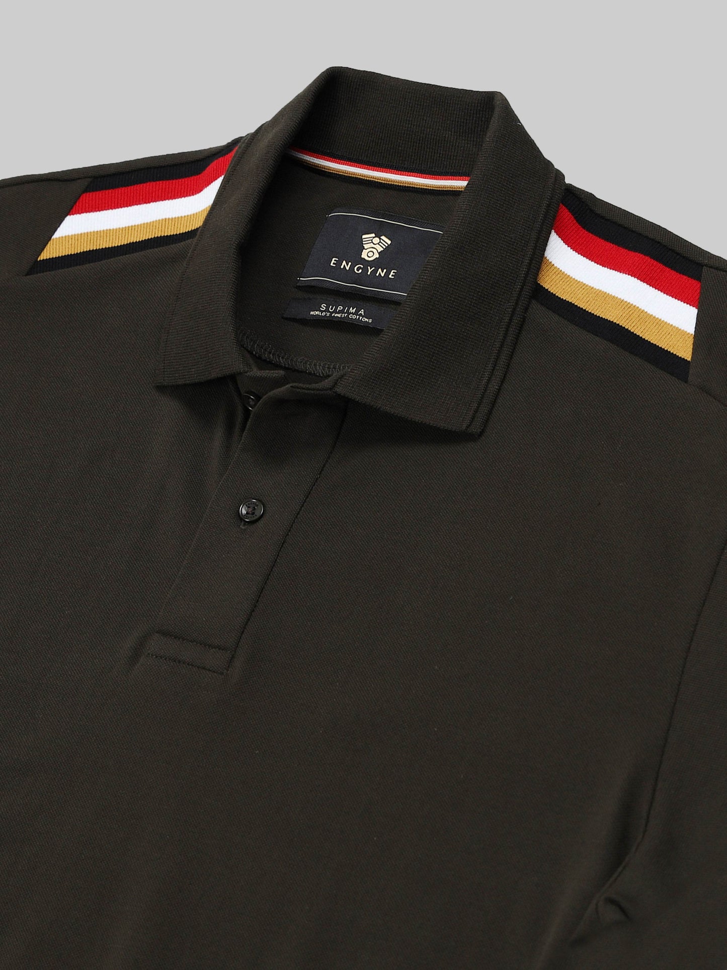 Supima Cotton Engyne Signature Four-Color Flag Rib Shoulder and Speed-Breaker Textured Collar Olive Polo - ENGYNE