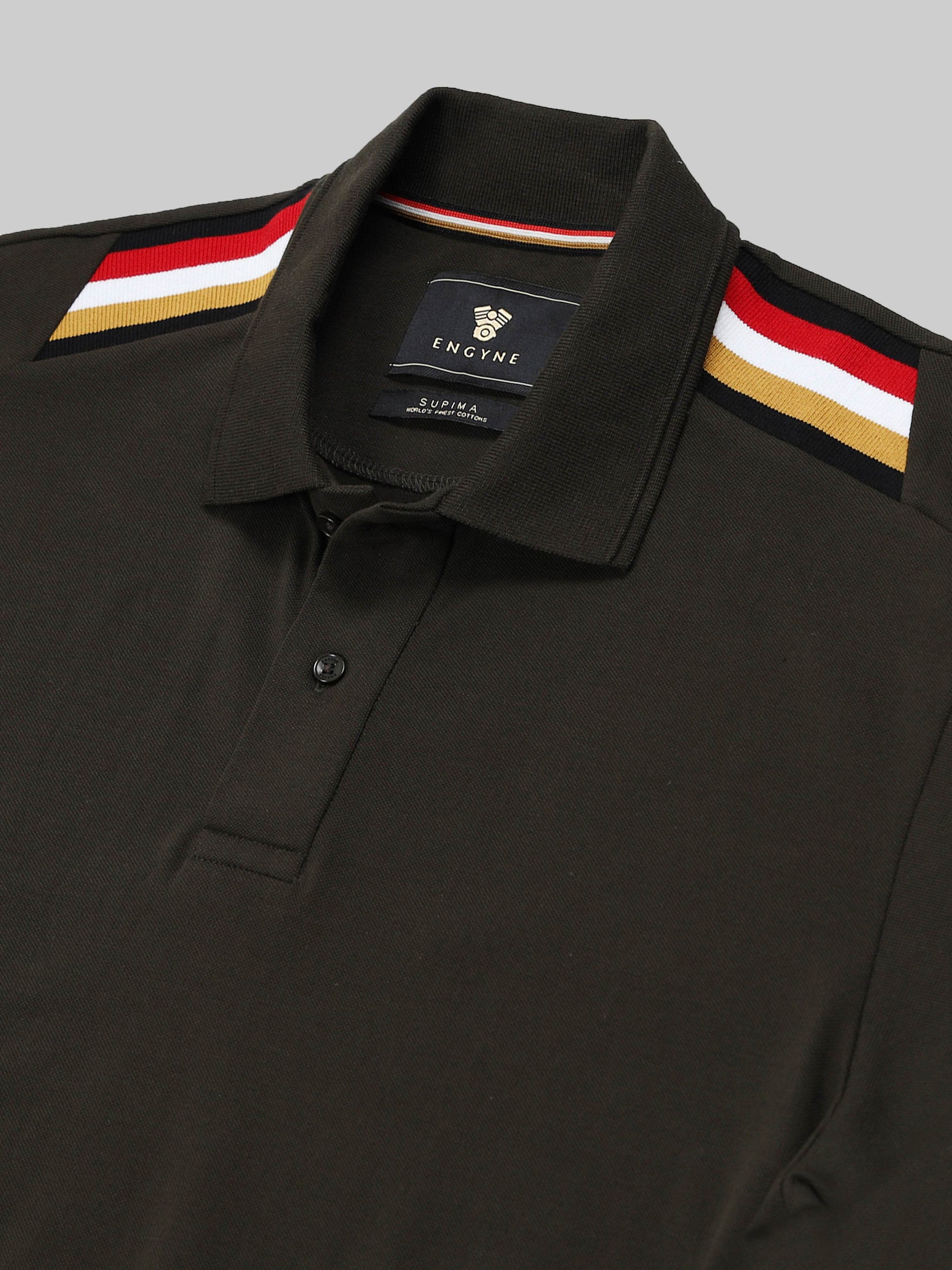 Supima Cotton Engyne Signature Four-Color Flag Rib Shoulder and Speed-Breaker Textured Collar Olive Polo - ENGYNE
