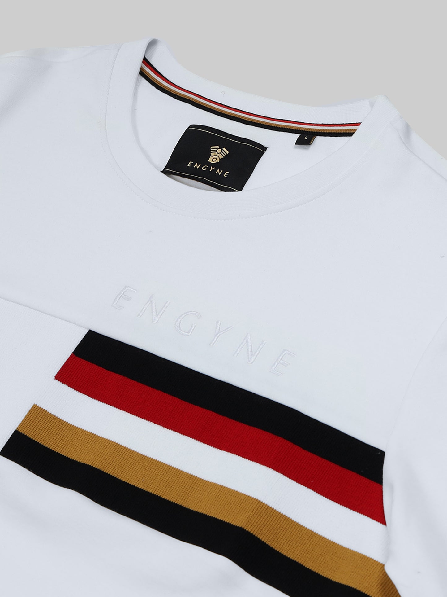Supima Cotton Lycra Interlock with Engyne Signature Flat-Knit Rib Chest Panel and Embroidered Branding White T-shirt
