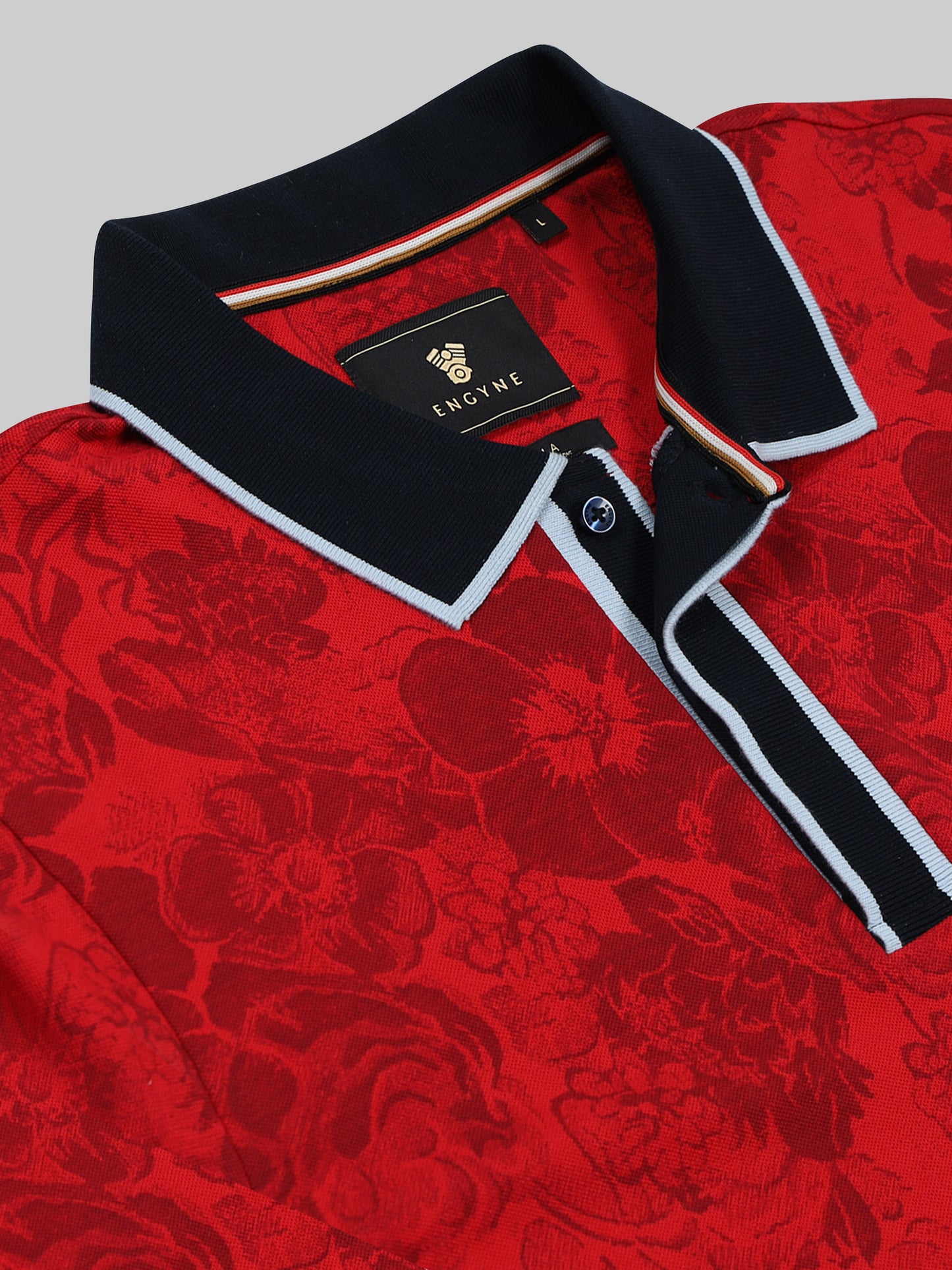 Supima Cotton Lycra with Engyne Special Tech Rotary Print and Contrast-Tipping Red Polo