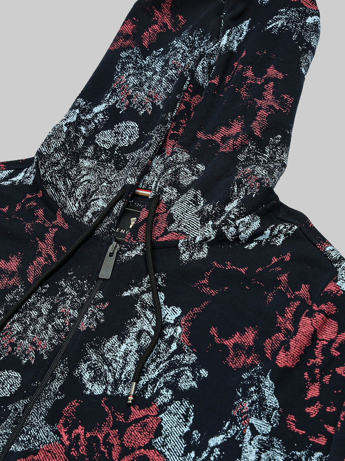 Hooded Zipper Sweatshirt with All-Over Discharge Rotary Print Navy