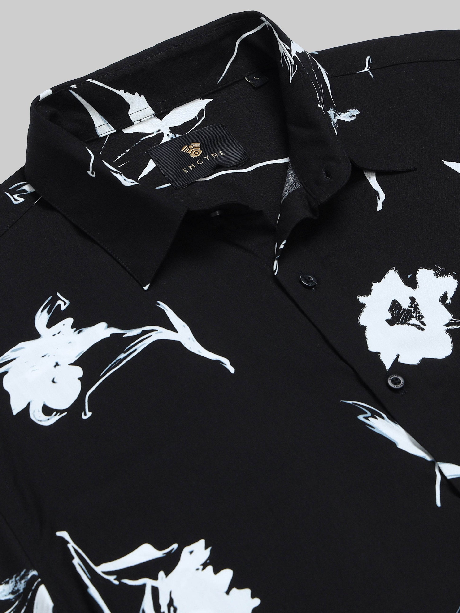Lunar Bloom Floral Short Sleeve Shirt - Black - ENGYNE