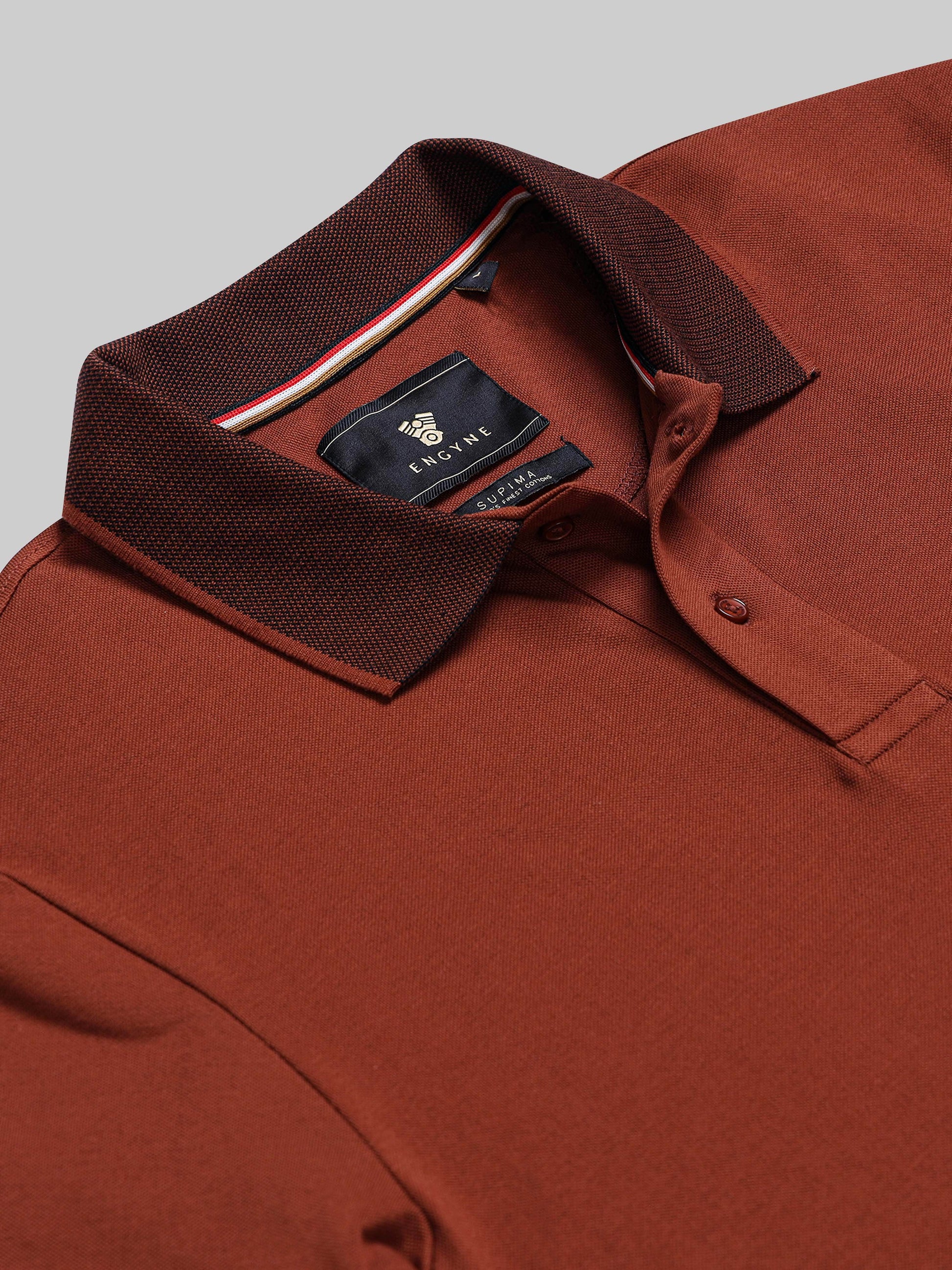 Engyne Essential Contrast Bird's-Eye Textured Collar and Cuff Tipping Brown Polo - ENGYNE